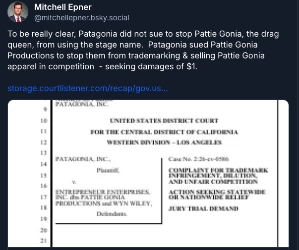 Climate Activist Drag Queen Faces Six-Figure Lawyers’ Fees In IP Battle With Patagonia